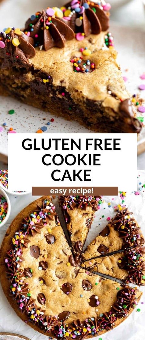 This gluten free cookie cake is easy to make, dairy free friendly and perfect for fun party dessert. This cookie cake is loaded with chocolate chips and topped with frosting. Really Good Gluten Free Recipes, Gf Cookie Cake, Gluten Free Dairy Free Cookie Cake, Gluten Free Cake Mix Desserts, Gluten Free Breakfast Desserts, Easy Baking Recipes Gluten Free, Gluten Free Chocolate Chip Cake, Good Gluten Free Desserts, Amazing Gluten Free Desserts