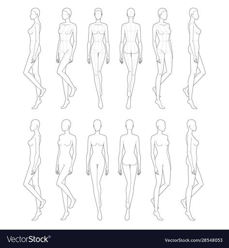 Side View Whole Body Drawing, Female Walking Poses Drawing, Side Figure Drawing Sketch, Drawing Poses Front View, Side Stance Reference, Fashion Figure Side View, Model Walking Side View, Walking Drawing Poses Side, How To Draw Walking Pose