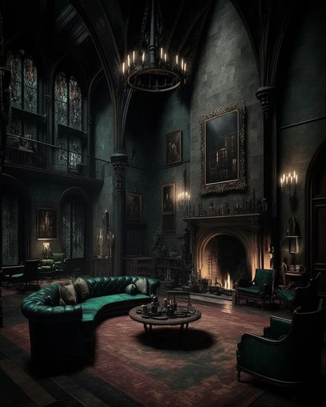 Villain House Aesthetic, Addams Family Interior, Goth Mansion Interior, Slytherin Room, Slytherin Common Room, Dnd Diy, Gothic Mansion, Gothic Interior, Dark Windows