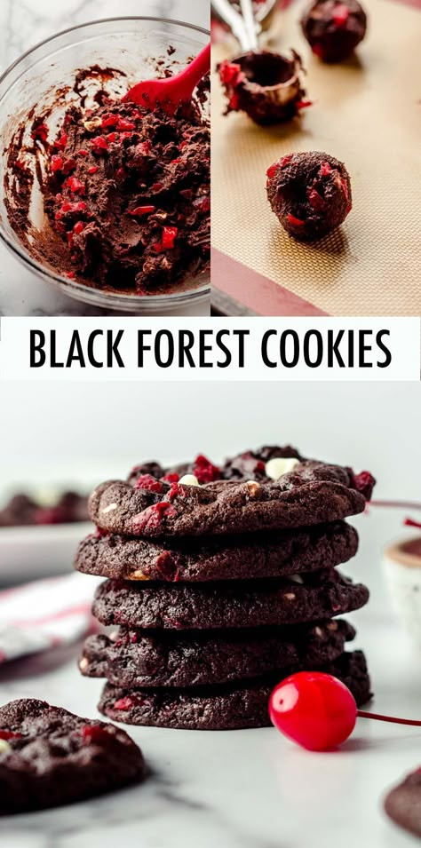 These soft chocolate cookies have all the flavors you love about Black Forest cake without the hassle of baking and stacking cake layers-- rich chocolate flavor, sweet maraschino cherry pieces, and creamy white chocolate chips. You can also use fresh cherries when they're in season for this Black Forest cookie recipe. | black forest cookies chocolate cherry | black forest cookies recipe | black forest Christmas cookies Black Chocolate, Black Cookies, Black Forest Cake Cookies, Black Forest Recipe, Black Forest Dessert, Black Forest Cookies, Chocolate Cherry Cookies Recipes, Black Forest Cookies Recipe, Cherry Pie Stuffed Cookies