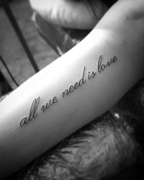 All we need is love 🖤💉🎼 #canserbero #allweneedislove #tampa #tampatatto #letteringtattoo #quotetattoo #lettertattoo #tattoos #ink #moleink… Troop Zero, Small Quote Tattoos, Tiny Quotes, All We Need Is Love, Tattoo Couple, Quote Tattoos, Tattoo Minimal, Small Quotes, Love Tattoo