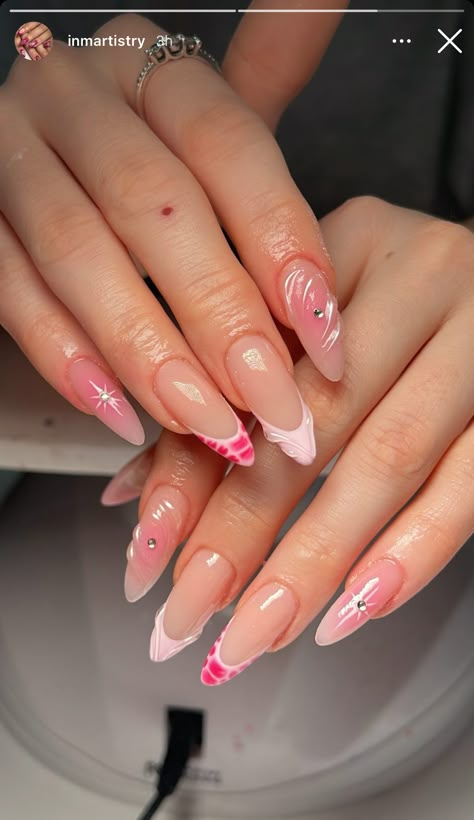 Pastel Pink Nails Acrylic Design, Long Oval Nail Designs, Pink Almond Design Nails, Pink Almond Nails Valentines, Cute Almond French Tips, Nail Design Pink And White, Almond French With Design, Hot Almond Nails, Baby Pink Almond Nails With Design