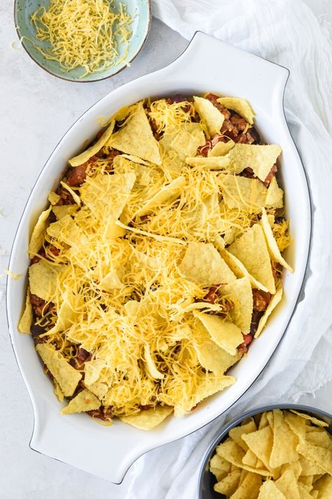 Taco Casserole Bake With Tortilla Chips, Tortilla Chip Casserole Beef, Tortilla Chip Enchiladas, Recipes With Tortilla Chips, Tortilla Chip Casserole, Taco Casserole With Tortillas, Slow Cooker Dump Meals, Ground Beef Nachos, Taco Casserole Bake