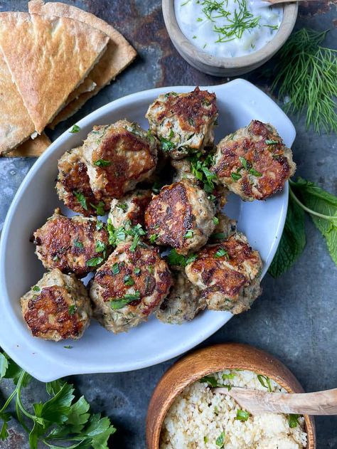 These easy chicken kofta meatballs are the perfect weeknight meal, as they come together in under 30 minutes. They are kid and hubby approved and gluten-free and dairy-free to boot!  You can even make these meatballs up ahead of time, refrigerate them and then cook them up come dinner time. They only take 10 minutes to bake! How awesome is that? Beef Kofta Meatballs, Turkey Kofta Recipe, Chicken Kafta Recipe, Chicken Kefta, Chicken Koftas, Chicken Kafta, Chicken Kofta Recipe, Turkey Kofta, Potato Recipes Roasted