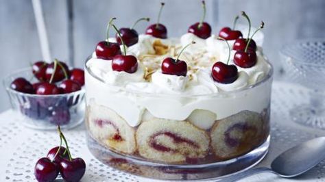 Homemade Swiss roll and soaks up the sherry and adds a special decorative touch to this party-time mega-trifle. Cherries Dessert, Mary Berry Recipes, Berry Trifle, Mary Berry Recipe, Trifle Recipes, Great British Baking Show, British Baking Show, The Great British Bake Off, Berry Recipes