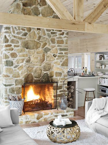 Old World Stone Fireplace, Cottage Stone Fireplace, Field Stone Fireplace, Stone For Fireplace, Fieldstone Fireplace, Fireplace Mantel Ideas, Black Hearth, White Cabin, Natural Stone Fireplaces