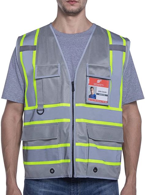 SESafety Safety Vest with 9 Pockets, High Visibility Reflective Vest, Security Vest, Work Vest for Men, Gray, 3XL - - AmazonSmile Costume For Work, Construction Vest, Pilot Costume, Work Vest, Clothing Pattern Design, Vest With Pockets, Reflective Vest, Vest For Men, House Keeping