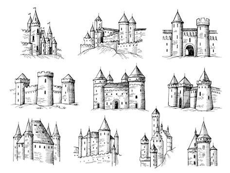 Small Castle Drawing, Fantasy Map Icons Castle, Old Castle Drawing, Medieval Drawings Sketch, Castle Line Drawing, Medieval Castle Drawing, Medieval Sketch, Castles Medieval, Castle Drawings