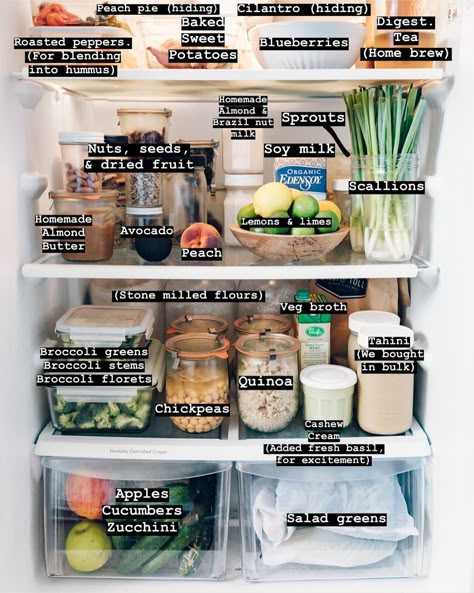 Swipe to see a crazy amount of labels 🙈 but I get asked often what is in all of the containers in my fridge, so here ya go! 😉—Not shown: on the counter is a bowl of peaches, bowl of cherry tomatoes, a tower of bananas, and ripening avocados. And jars of shucked corn in the freezer 🙌🏻🌽.—Our fridge and counter tops are living areas in our home, meaning they are in constant rotation and flux! We eat, we soak, we cook, we swap, we move around as things ripen - it’s a beautiful dance throughout Fridge Goals, Pasti Fit, Healthy Fridge, Lots Of Food, Makanan Diet, Fridge Organization, Idee Pasto Sano, Stuffed Sweet Peppers, Camping Meals