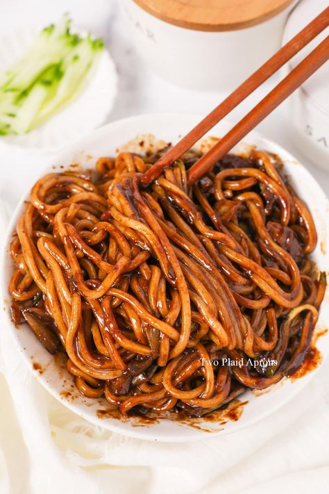 Jajangmyeon (Korean Black Bean Noodles) | Two Plaid Aprons Black Bean Noodles Korean, Jajangmyeon Recipe, Korean Noodle Dishes, Shrimp With Lobster Sauce, Black Bean Noodles, Bean Noodles, Cucumber Kimchi, Plaid Apron, Bean Sauce