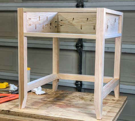 Easy DIY nightstand with charging station. Simple build with printable plans, tutorial and video #anikasdiylife Diy End Table With Drawer, Diy Nightstand With Charging Station, End Table Flip, Nightstand Woodworking Plans, Night Stand Woodworking Plans, Night Stand Blueprints, Hidden Charging Station, Nightstand Building Plans, Easy Diy Nightstand