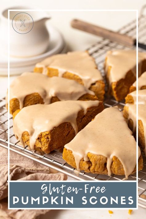 These gluten-free pumpkin scones are such a treat for breakfast in the fall! They’re soft, light and tender, with warm notes of pumpkin spice and a sweet maple glaze. These are also easy to make - the dough comes together in about 15 minutes - and like most homemade baked goods, they’re so much better than anything you can get from Starbucks! Gf Pumpkin Scones, Gluten Free Pumpkin Scones Recipe, Gf Scones Gluten Free, Gluten Free Pumpkin Scones, Vegan Holiday Treats, Gluten Dairy Free Desserts, Muffins Coffee Cake, Pumpkin Scones Recipe, Market Cart