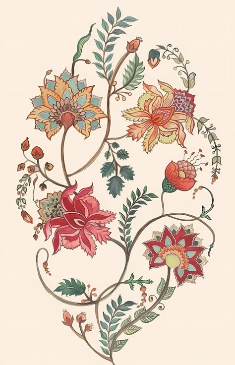 Chintz Print, Print Motifs, Mughal Art Paintings, Indian Flowers, Print Design Art, Flower Art Drawing, Mughal Art, Flower Art Images, Digital Flowers