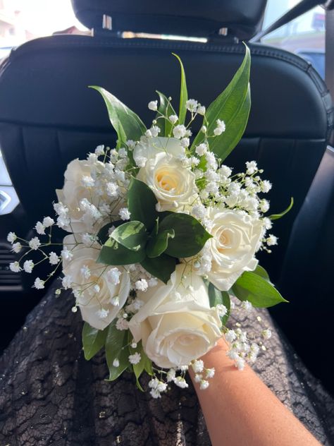 White And Green Bouquet Prom, White Bouquet For Prom, White And Silver Prom Bouquet, White Rose Bouquet Prom, Prom Flowers Bouquet Silver Dress, White Flower Prom Bouquet, White Nosegay Bouquet For Prom, Prom Flower Arrangements, Mini Prom Bouquet Flowers