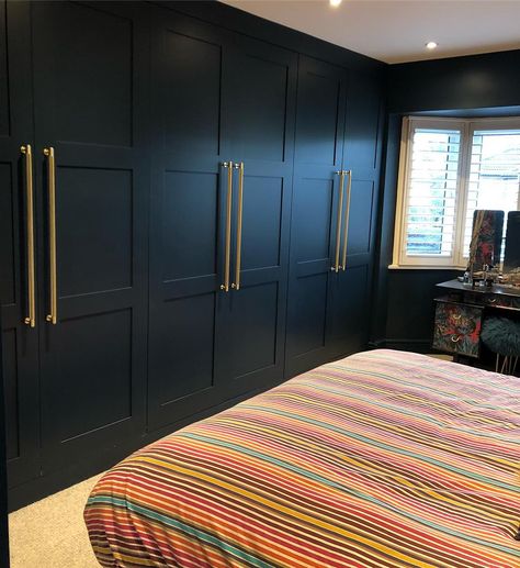 Navy Fitted Wardrobes, Painted Fitted Wardrobes, Blue Fitted Wardrobes, Guys Bedroom, Blue Cupboards, Fitted Wardrobes Bedroom, Hague Blue, Bedroom Cupboards, Mens Bedroom