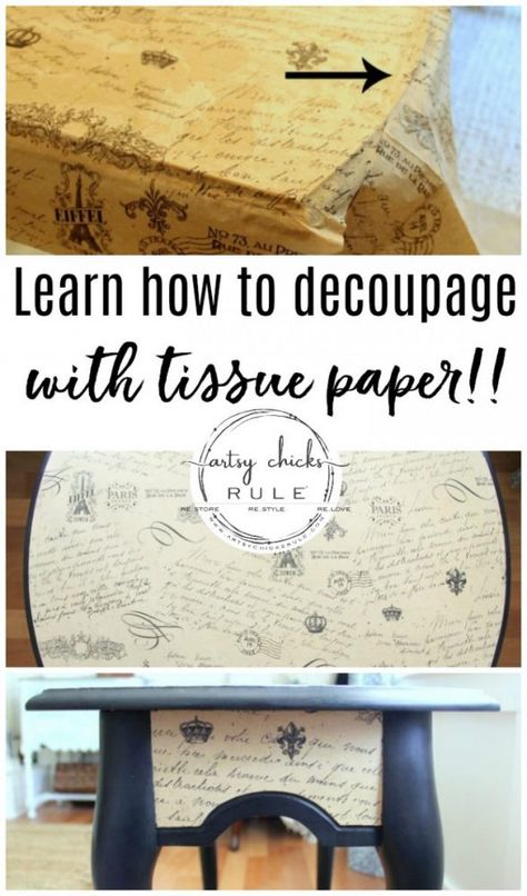 Decoupage Dining Table Top, Modge Podge Furniture With Paper, Tissue Paper Transfer To Wood, Decoupage Tissue Paper On Wood, Decopage Furniture With Tissue Paper, Tissue Paper Transfer Art, Crafting With Tissue Paper, Tissue Paper Decoupage Diy, Tissue Paper Modpodge