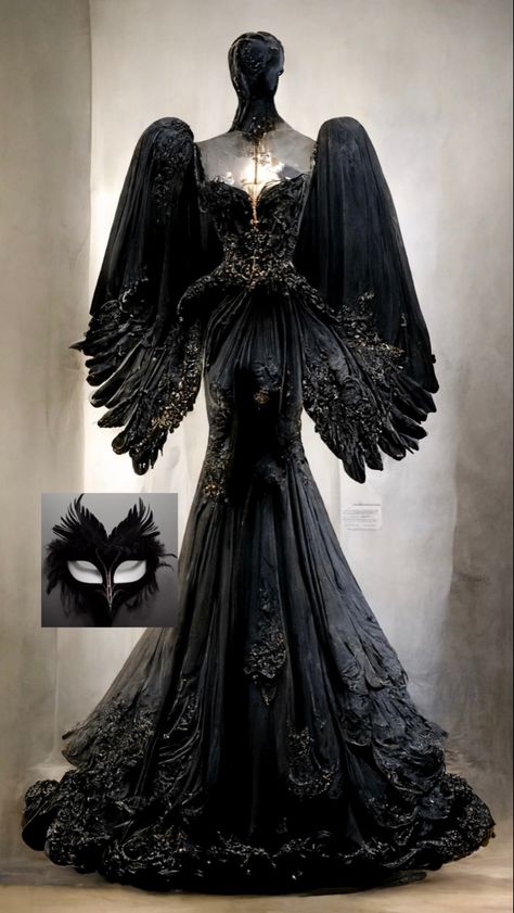 Black Dress Queen Aesthetic, Raven Dress Fantasy Gowns, Crow Inspired Dress, Masquarede Ball Aesthetic Outfits, Fallen Angel Outfit Drawing, Black Swan Dress Gowns, Gothic Masquerade Ball, Fallen Angel Clothes, Fallen Angel Aesthetic Costume