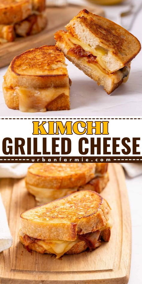 In my kimchi grilled cheese, tangy kimchi meets creamy mozzarella and cheddar between golden-browned sourdough slices. Ready in just 20 minutes! Easy Vegetarian Lunch Ideas, Fried Rice Cakes, Kimchi Grilled Cheese, Korean Vegetarian Recipes, Dinners For Beginners, Korean Vegetarian, Gochujang Noodles, Lunches To Take To Work, Pack For School