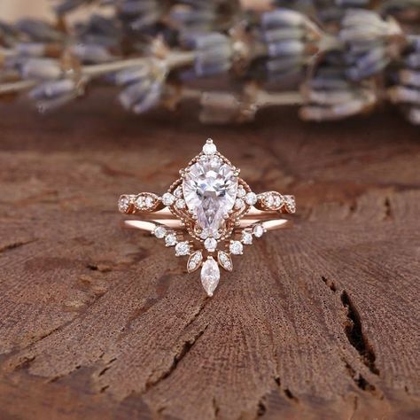 1.25 CT Pear Shape Diamond Engagement Ring Set 14K Rose Gold - Etsy Canada Rose Gold Wedding Ring Set, 14k Rose Gold Wedding Ring, Gold Wedding Ring Set, Moissanite Wedding Ring Set, Rose Gold Engagement Ring Vintage, Moissanite Ring Set, Rose Gold Wedding Ring, Moissanite Engagement Ring Set, Moissanite Bridal Sets