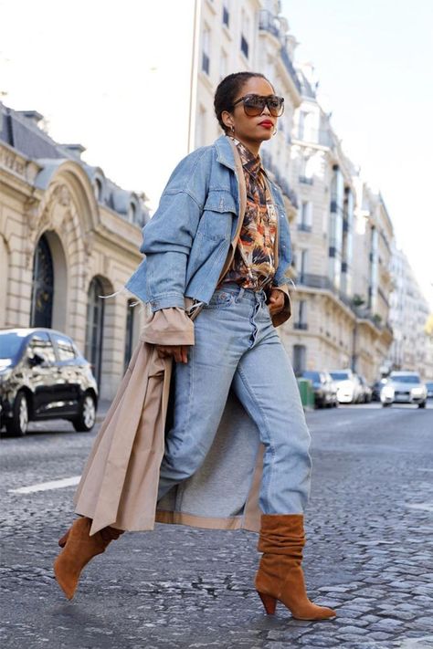 French Girls Wear These Classic Boots Year After Year Slouchy Boots Outfit, Suede Boots Outfit, French Girl Fashion, Trending Winter Boots, Slouchy Boots, French Girl Style, Denim On Denim, Trending Boots, Double Denim