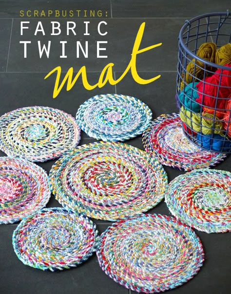 Scrap Fabric Twine Mat Tutorial Upcycle Fabric Twine, Twine Crafts, Scrap Fabric Projects, Rope Baskets, Fabric Bowls, Costura Diy, Rag Rugs, Scrap Quilt, Scrap Fabric