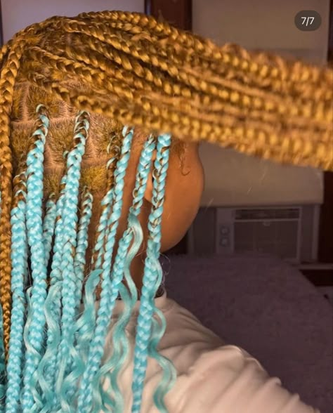 Yellow Peekaboo Braids, Honey Blonde And Blue Hair, Blonde And Teal Braids, Blonde And Blue Hair Peekaboo, Brown And Blue Braids, Blonde And Blue Braids, Kenya Moore Hair, Dyed Braids, Knotless Styles