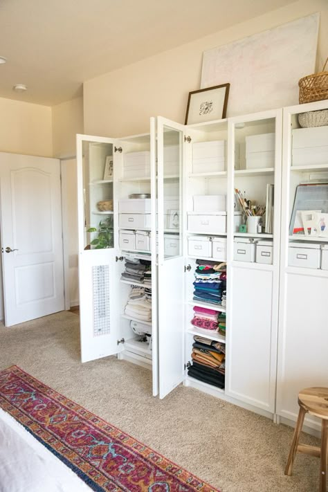 Making room for a Crafting and Sewing Space in a Bedroom Hemnes Craft Room, Multipurpose Room Storage Ideas, Long Narrow Craft Room Design, Sewing In Bedroom, Sunroom Sewing Room, Sewing Station In Bedroom, Functional Craft Room, Multipurpose Craft Room, Craft Room In Bedroom