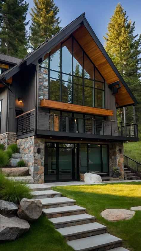 15 Modern Mountain Home Ideas That Blend Rustic Charm with Contemporary Flair - Cheerful Talks Three Story Mountain House, Modern Chalet Architecture, Modern Mountain House Exterior, Modern Mountain Exterior, Mountain Homes Exterior, Mountain Cabin Exterior, Modern Mountain Home Exterior, Adu Designs, Small Prefab Homes