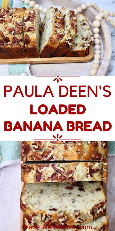 Paula Deen's Loaded Banana Bread is the perfect recipe to use up your leftover ripe bananas. I know that banana bread is so cliche, but this is unlike any other banana bread you've tried. It's loaded with goodies to tempt even the pickiest taste buds. And toasty pecans take it over the top. This is one you must try! Paula Deen Banana Bread, Banana Pecan Bread, Banana Nut Bread Recipe, Bread Recipes Easy, Nut Bread Recipe, Banana Bread Recipe Moist, Paula Deen Recipes, Soft Bread, Homemade Bread Recipes Easy