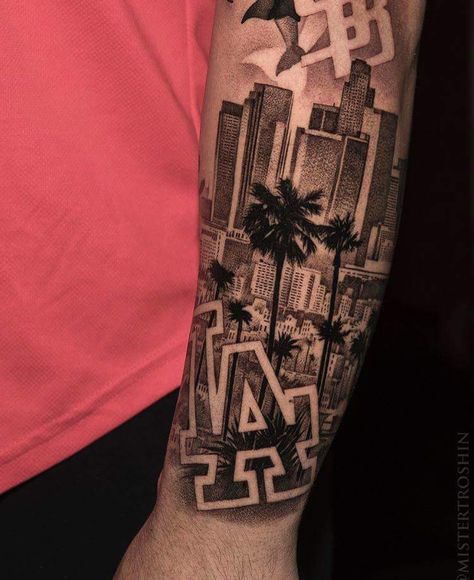 Los Angeles Sleeve Tattoo, California Leg Sleeve Tattoo, Loyalty Out Values Everything Tattoo For Men, California Sleeve Tattoo, Miami Tattoo Ideas Men, La City Tattoo, Chicano Arm Tattoo, California Tattoo Sleeve, La Tattoo Ideas