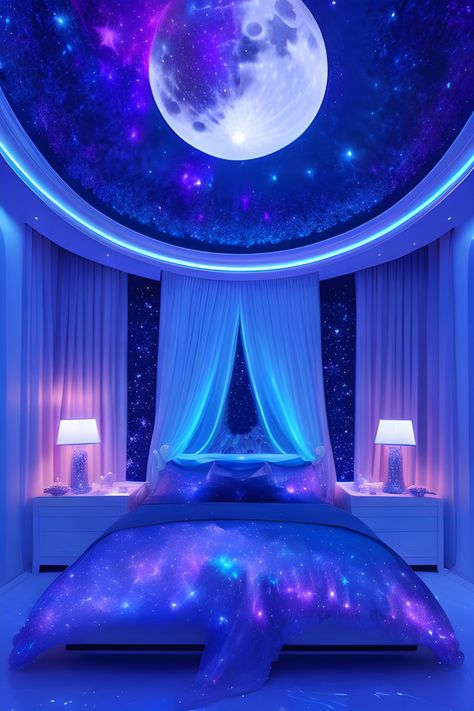 Fantasy bedroom with full moon, neon galaxy stars Moon Room Aesthetic, Galaxy Bedroom Ideas, Galaxy Themed Bedroom, Galaxy Themed Room, Galaxy Room Ideas, Moonlight Bedroom, Galaxy Room Decor, Full Moon Aesthetic, Moon Ceiling