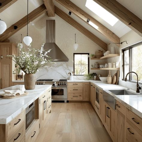 Gable Kitchens, Kitchen Design Mountain House, Kitchen In Vaulted Ceiling, Home Building Ideas Kitchen, Mountain Kitchen Design, Mountain Kitchen Ideas Modern, Modern Mountain House Kitchen, Kitchen Ideas With Large Island, Modern Cottage Design Interior