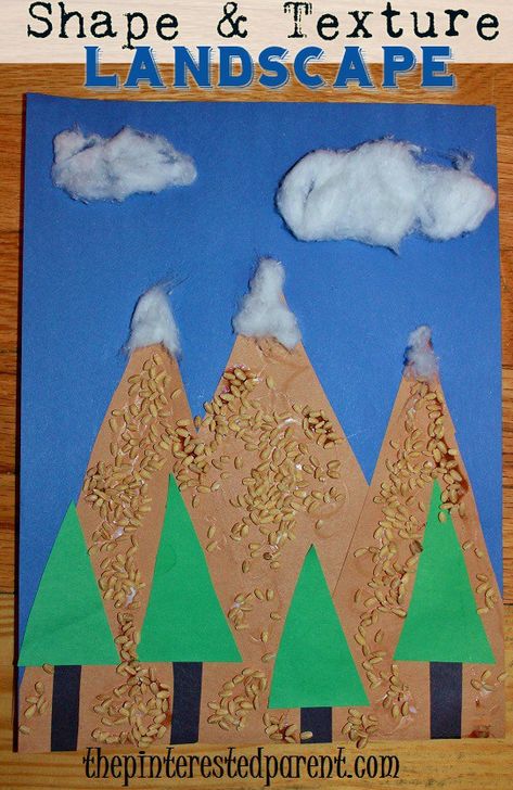 Shape & Texture Landscape - Combine shapes & different textures to make this pretty mountain craft Switzerland Preschool Activities, Mountain Crafts For Kids, Prek Projects, Mountain Craft, Texture Landscape, Simple Landscaping Ideas, Culture Activities, Mountain Project, Mountain Crafts