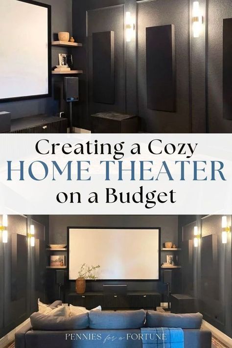 Create a cozy home theater on a budget in your bonus room or living room corner! This DIY dark media room makeover turned out great, and I'm showing you how you can do the same and create a home theater room without breaking the bank! I created this modern and cozy dark media room with a snack bar to surprise my husband for Father's Day. If you're also looking for small, cozy media room ideas that are also budget-friendly, this is it! Family Theater Room Ideas, Dark Media Room, Cozy Media Room, Small Media Room Ideas, Movie Room Diy, Cozy Home Theater, Small Home Theater Ideas, Small Theater Room Ideas, Small Home Theatre