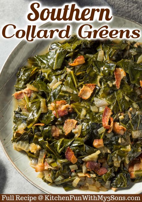 This Southern Collard Greens Recipe is the perfect comfort food for a cold winter day. Made with bacon, onions, garlic, chicken broth, apple cider vinegar, sugar, seasoned salt, red pepper, and black pepper. Cooked until tender and the flavors are perfectly balanced. This recipe is sure to become a new family favorite! Collard Greens Recipe Soul Food, Best Collard Greens Recipe, Easy Collard Greens Recipe, Collard Greens With Bacon, Greens Recipe Soul Food, Southern Collard Greens, Southern Greens, Collard Greens Recipe, Southern Recipe