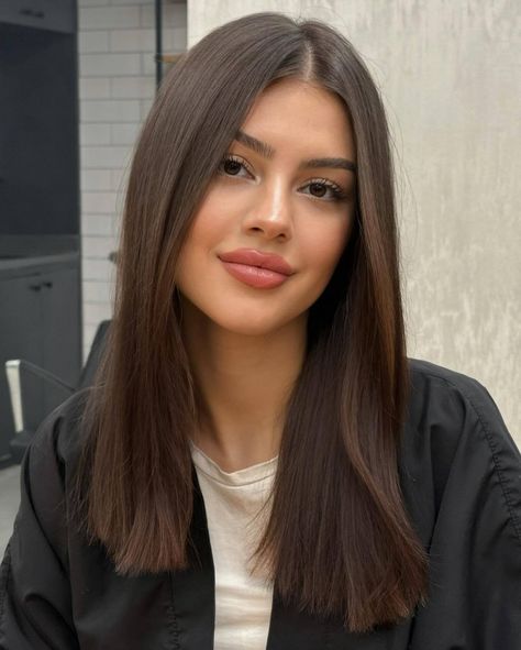 Image 1 of 1 Brunette Mid Length Hair Straight, Haircut For Pin Straight Hair, Straight Lob Haircut Shoulder Length, Medium Hair Cuts No Layers, Brunette Straight Haircut, Haircuts For Girls With Straight Hair, Haircut For Straight Hair Girl, Mid Straight Hair, Same Length Haircut