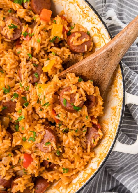 Cajun Sausage and Rice | Greens & Chocolate Sausage Pepper And Rice, Kalbasa Rice Recipes, Rice And Smoked Sausage, Smoked Sausage Rice Skillet, Cajun Sausage And Rice Recipes, Recipes With Chicken And Sausage, Steak And Rice Bowl Recipes, Creamy Rice And Sausage, Recipes With Ring Sausage