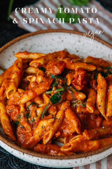 This insanely comforting Creamy Tomato & Spinach Pasta is rich and aromatic with subtle spicy flavor. This quick and easy vegan pasta recipe is perfect for comforting weeknight dinners! Healthy Dinner Avocado, Dairy Free Spinach Pasta, Healthy Spicy Recipes Vegetarian, Vegetarian Recipes Dinner Pasta, Vegan Italian Pasta Recipes, Vegan Pasta Recipes Tomato, Vegan Italian Recipes Dinners, Vegan Creamy Pasta Recipes, Pasta Recipe Vegetarian