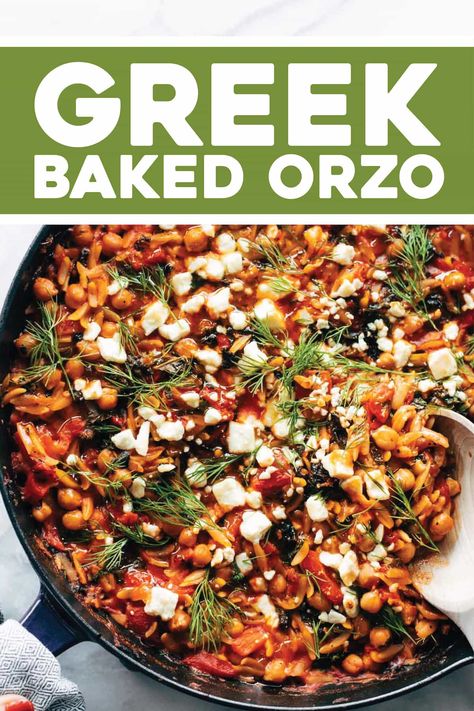 Greek Baked Orzo! Lightly tomato-sauced orzo baked in a skillet with red peppers, kale, chicken - or chickpeas - and a topping of feta, lemon juice, and fresh dill. #greek #orzo #pasta Greek Chicken Orzo Bake, Baked Orzo, Buttery Recipes, Kale Chicken, Greek Orzo, Office Food, Orzo Recipe, Pinch Of Yum, Orzo Recipes