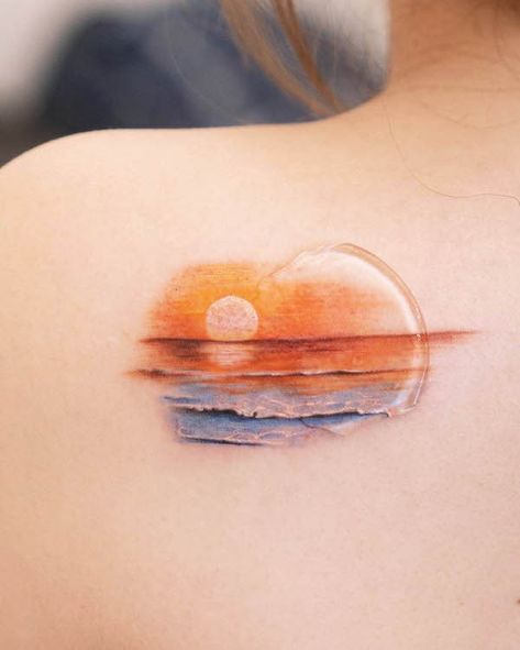 Sunset Ocean Tattoo, Beach Inspired Tattoos, Wave Tattoos, Tattoos Ideas For Women, Simple Wave Tattoo, Sunrise Tattoo, Sunset Tattoo, Sunshine Tattoo, Sky Tattoos