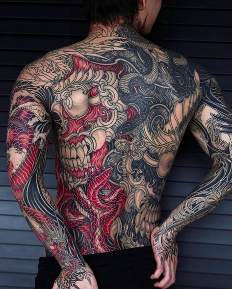 Tattoo Japonais, Blitz Tattoo, Japanese Back Tattoo, Japanese Tattoos For Men, Oni Tattoo, Torso Tattoos, Yakuza Tattoo, Back Piece Tattoo, Full Back Tattoos