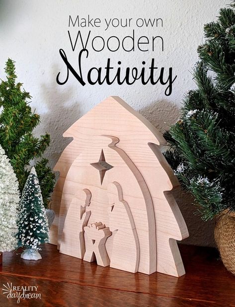 Learn how to make this DIY Wooden Nativity as a puzzle or holiday decor using your scroll saw! #Christmas {Reality Daydream} Nativity Pattern, Wooden Nativity Scene, Wooden Crib, Wooden Nativity Sets, Wooden Nativity, Diy Nativity, Scroll Saw Ideas, Scroll Saw Patterns Free, Christmas Yard Art