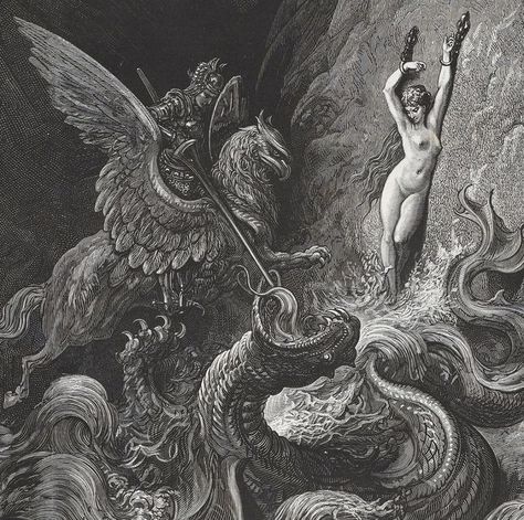 Artist: Gustave Doré Gustavo Dore, Paul Gustave Doré, Perseus And Andromeda, Gustav Dore, Gustave Dore, John William Waterhouse, Ancient Mythology, Occult Art, Biblical Art