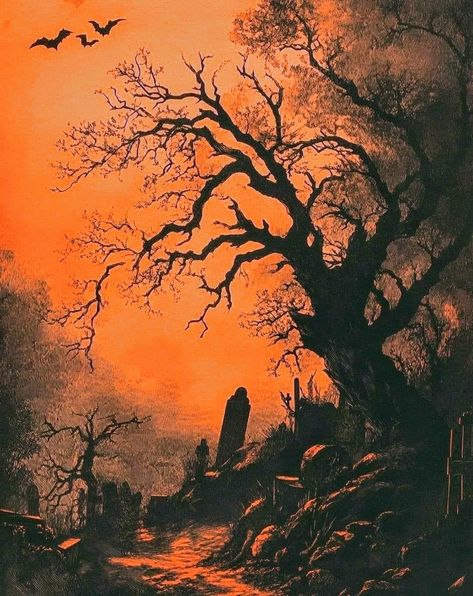 Haunted Painting Aesthetic, Spooky Landscape Painting, Graveyard Artwork, Haunted Woods Painting, Witches Book, Vintage Graveyard Illustration, October Vibes, Helloween Wallpaper, Ap Drawing