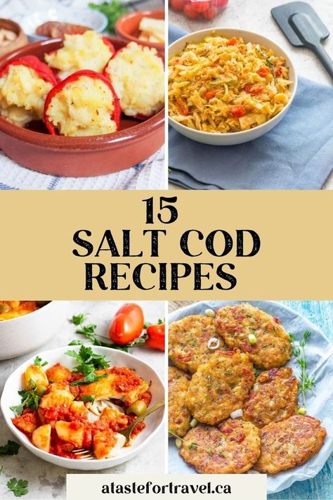 A collage of salted cod fish dishes from stews to fritters. Bacala Recipe, Salt Cod Recipes, Salted Cod Fish Recipes, Jamaican Saltfish Fritters Recipe, Cod Fish Cakes, Caribbean Countries, Cod Dishes, Salted Cod, Cod Cakes