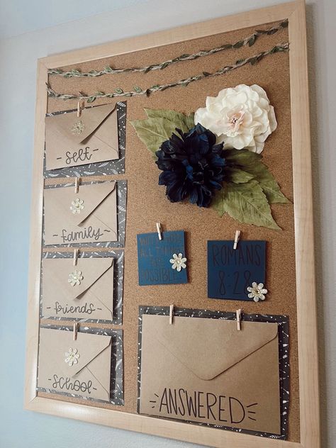 Womens Ministry Bulletin Board Ideas, Cute Christian Bedroom Ideas, Prayer Boards With Envelopes, Christian Wall Decor Ideas Bedroom, Prayer Cork Board Ideas, Bible Study Area At Home, Vision Prayer Board Ideas, Prayer Boards For Kids, Prayer Board Supply List