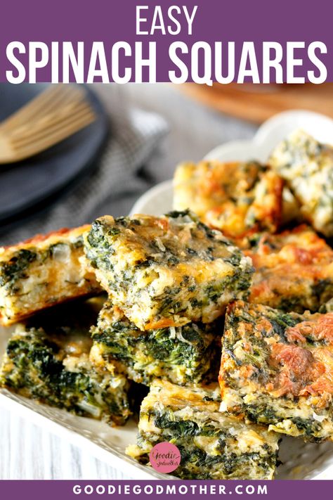 You'll love this easy, cheesy spinach squares recipe! This retro appetizer recipe is a must-save for effortless entertaining. You can even bake ahead and freeze! #easyappetizer #spinachsquares #makeahead #appetizer Hungry Happens Spinach And Feta Brownies, Spinach Cheese Bars, Spinach Artichoke Bars, Spinach And Cheese Appetizers, Spinach Bars Recipe, Can Spinach Recipes Easy, Leftover Creamed Spinach Recipes, Vegetable Appetizers Easy, Spinach Artichoke Squares