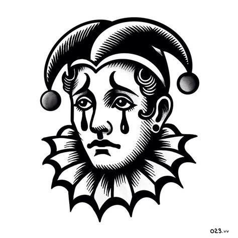 #tattoo #tattooidea #oldschooltattoos #oldschool #sketch Old School Clown Tattoo, Clown Design Character, Clown Tattoo Stencil, Clown Traditional Tattoo, Vintage Clown Tattoo, American Traditional Tattoo Stencil, Traditional Tattoo Art Flash, American Traditional Black And White, Modern Traditional Tattoos