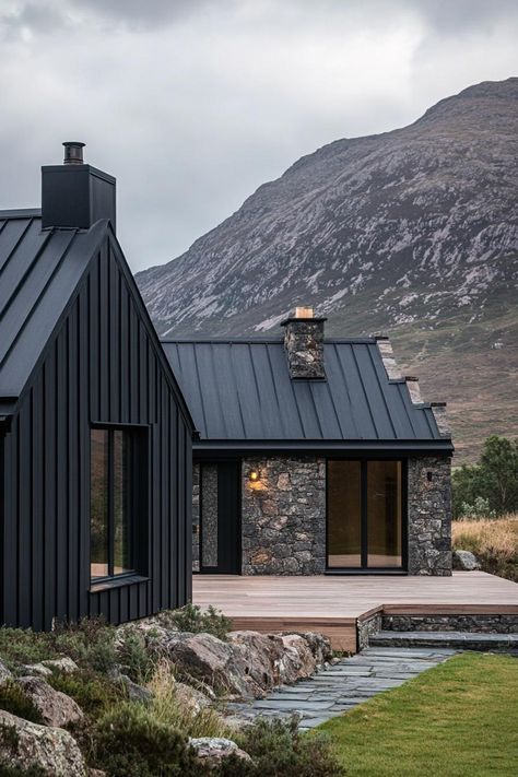 Modern Mountain Cabins, Black Nordic House, Modern Chimney Exterior, Modern Saltbox House Exterior, Modern Black Barndominium, Cement Home Design, Dark Exterior With Stone, Black Building Exterior, Black Timber House