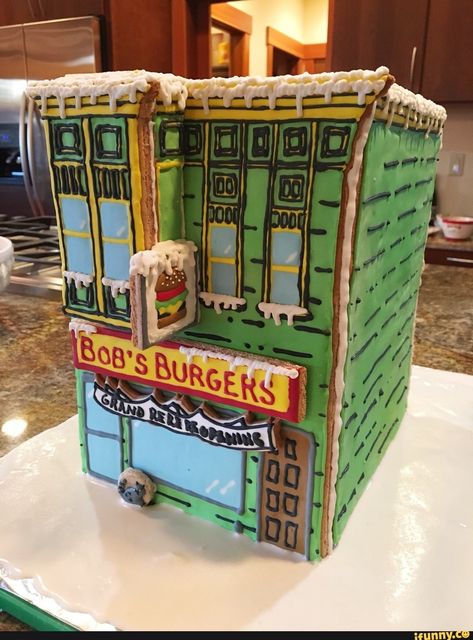 Bobs Burgers Cake, Bobs Burgers Christmas, Bobs Burgers Funny, Bob Burgers, Burger Cake, Burger Party, Bobs Burger, Gingerbread House Designs, Pastel Cupcakes